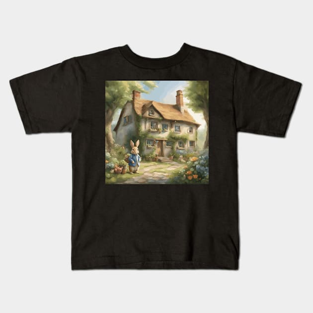 Whimsical Rabbit Cottage Kids T-Shirt by Souls.Print